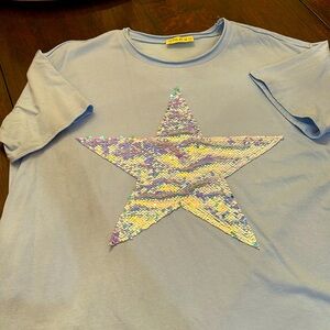 Hi-low light blue sequin star top